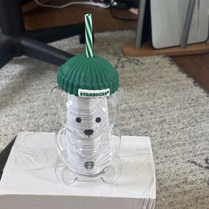 Starbucks Clear Bear Tumbler with Dark Green Ribbed Lid and Striped Straw